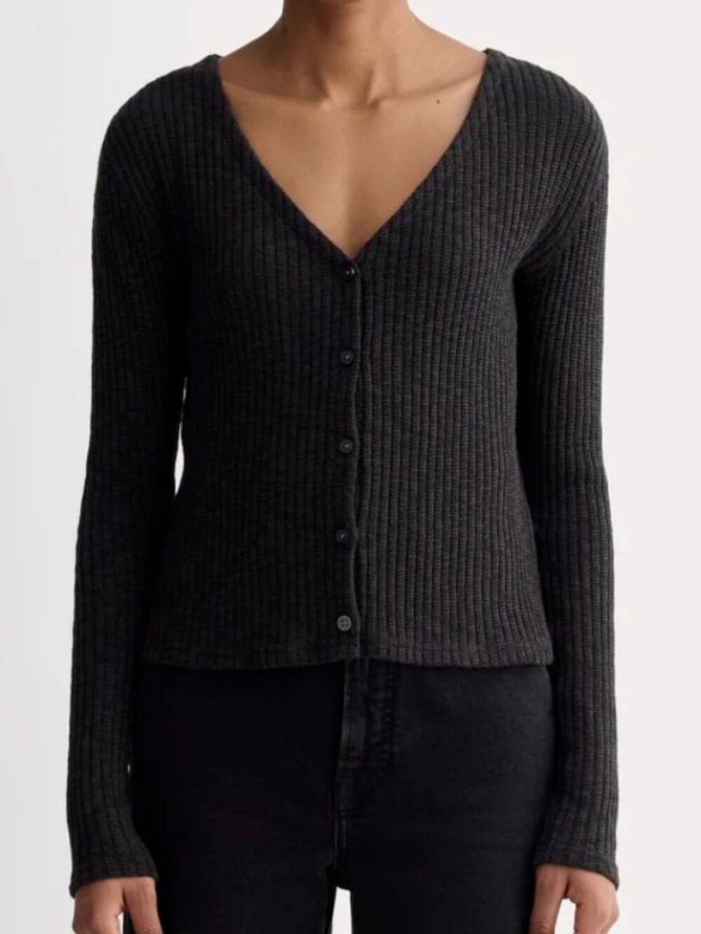Everlane Ribbed Cardigan Women's Medium Organic Cotton Black Button Front Fitted